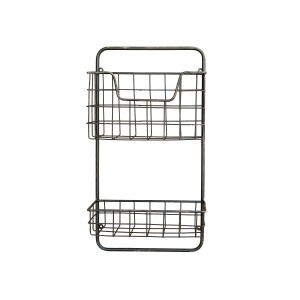 Černá antik nástěnná kovová polička s drátěnými košíky Fil de fer - 26*12*49cm