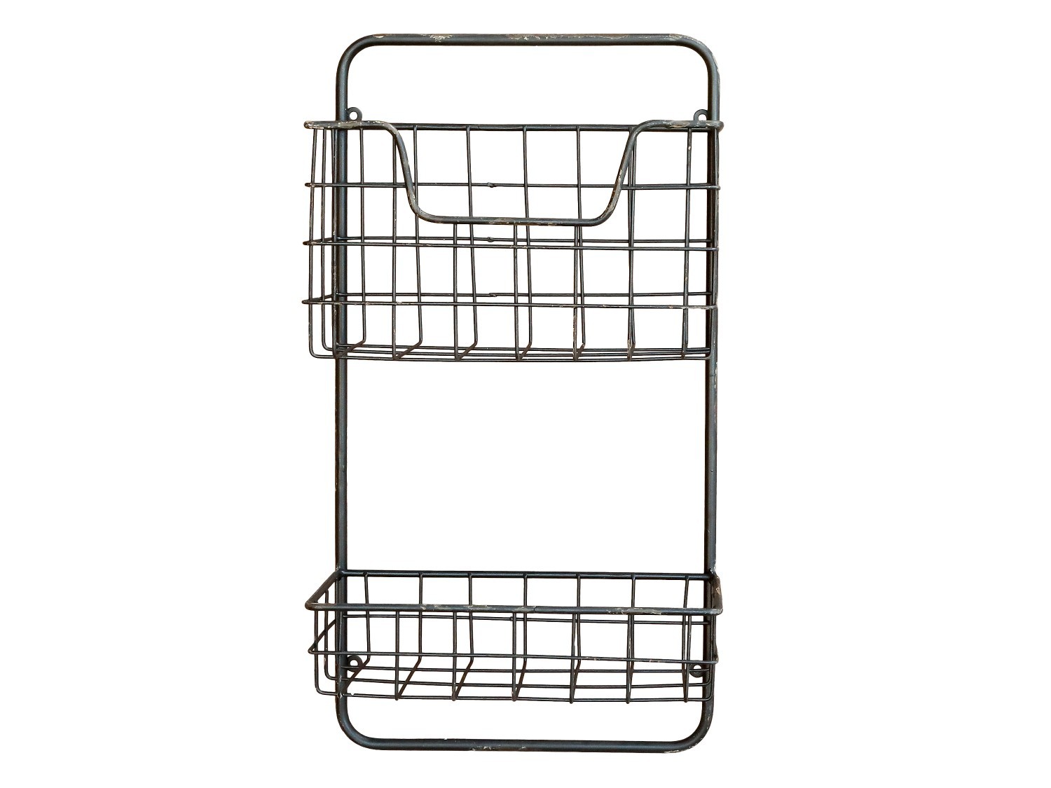 Černá antik nástěnná kovová polička s drátěnými košíky Fil de fer - 26*12*49cm