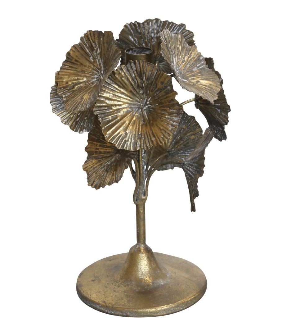 Bronzový antik kovový svícen zdobený květy Flower - Ø 18*24cm