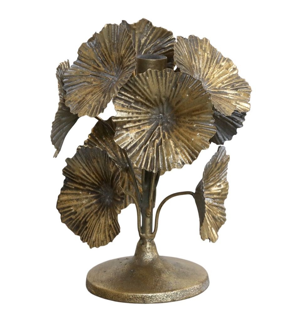 Bronzový antik kovový svícen zdobený květy Flower - Ø 14*20cm Chic Antique