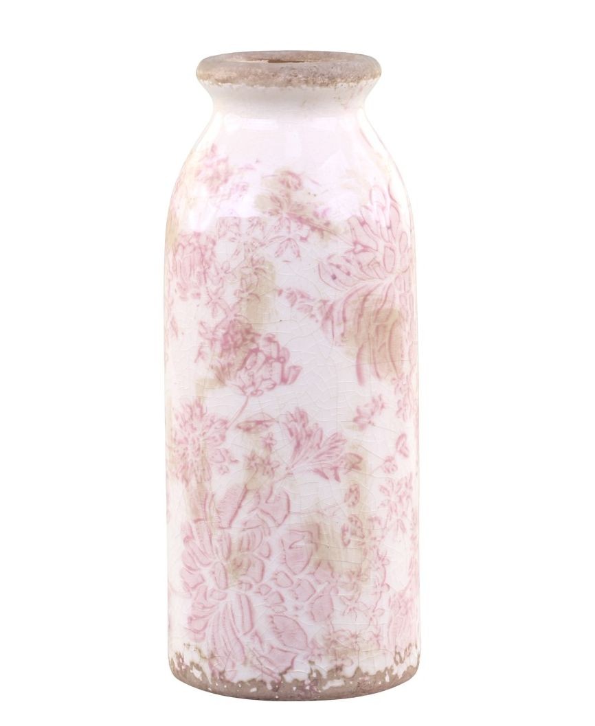 Keramická dekorační váza s růžovými květy Melun - Ø 8*20 cm Chic Antique