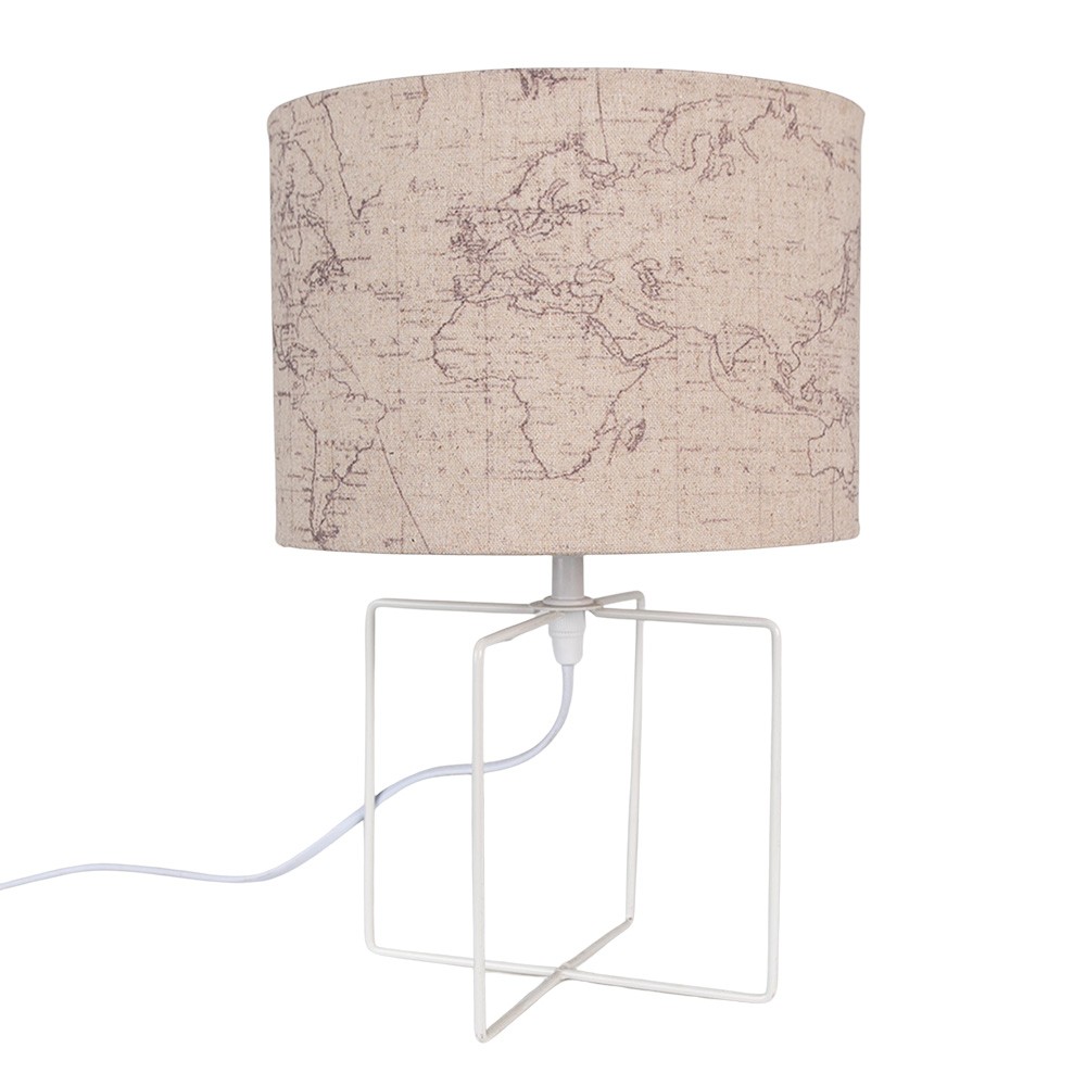 Bílá stolní lampa s béžovým stínidlem a mapou - Ø 22*34 cm E27/max 1*60W Clayre & Eef