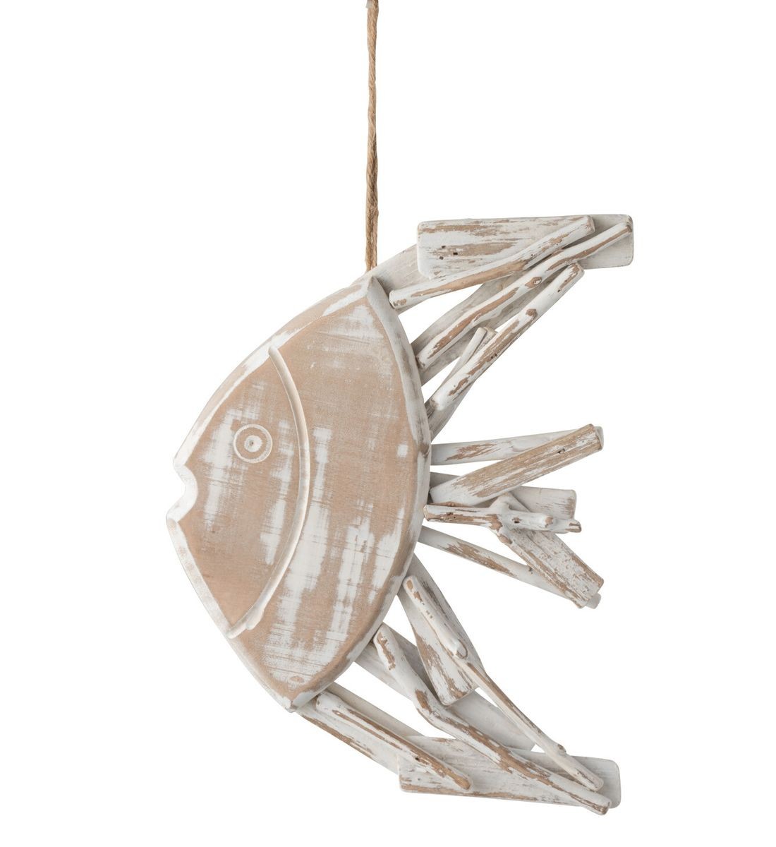 Dřevěná dekorace ryba na provázku s bílou patinou Fish flat - 22*4*28cm J-Line by Jolipa