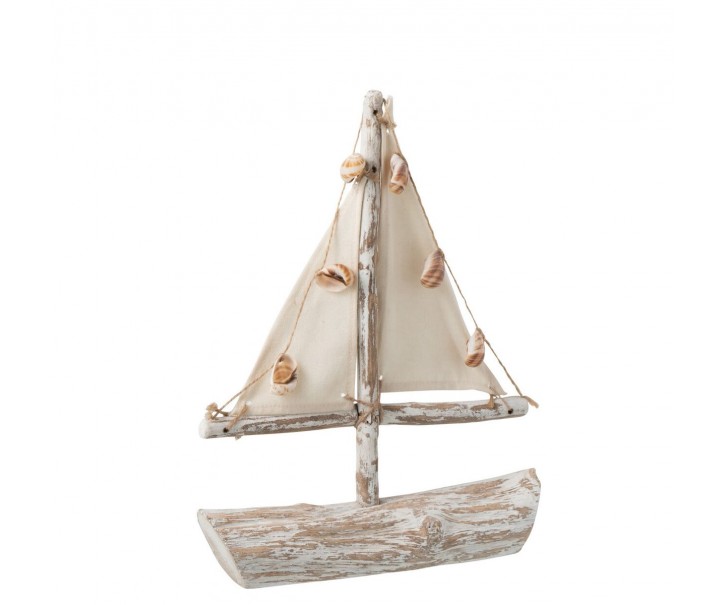 Dřevěná dekorativní loďka s patinou a mušličkami - 25*7,5*35 cm
