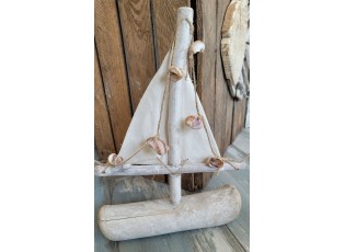 Dřevěná dekorativní loďka s patinou a mušličkami - 25*7,5*35 cm