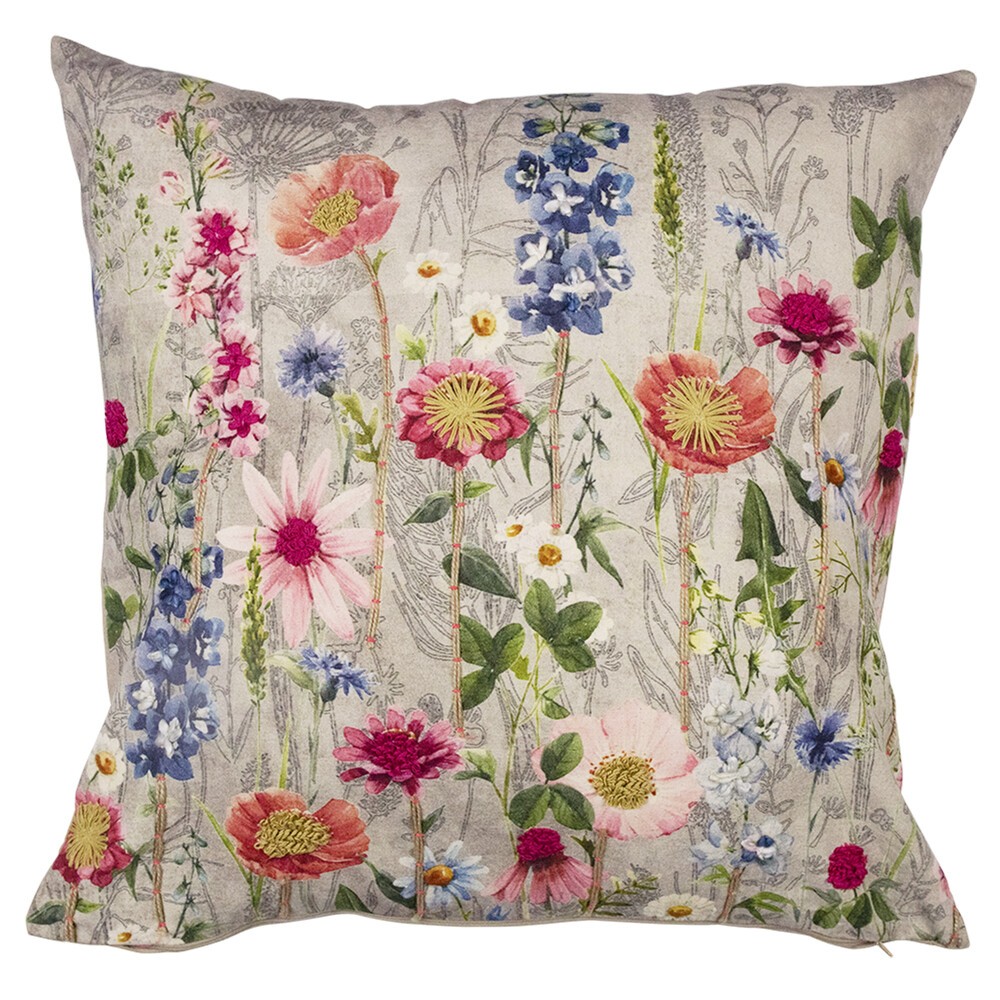 Béžový polštář rozkvetlá louka Flowers Poppy s výšivkou - 60*60*15cm