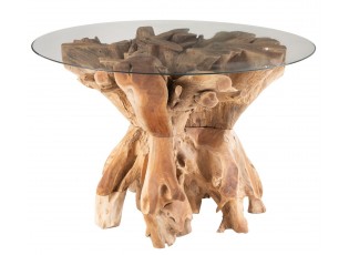 Přírodní jídelní stůl z teakového dřeva a skleněnou deskou na kmeni Raoul teak - Ø140*75cm