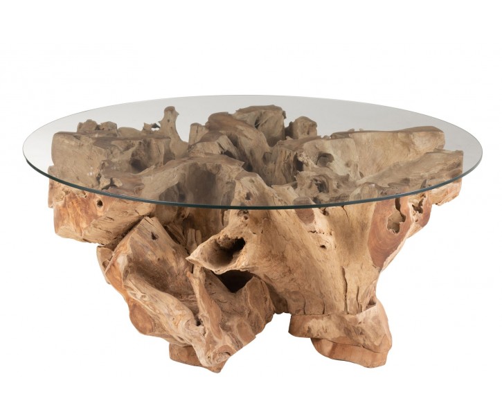 Přírodní coffee stůl z teakového dřeva a skleněnou deskou na kmeni Raoul teak - Ø100*45cm