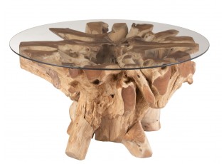 Přírodní coffee stůl z teakového dřeva a skleněnou deskou na kmeni Raoul teak - Ø90*45cm
