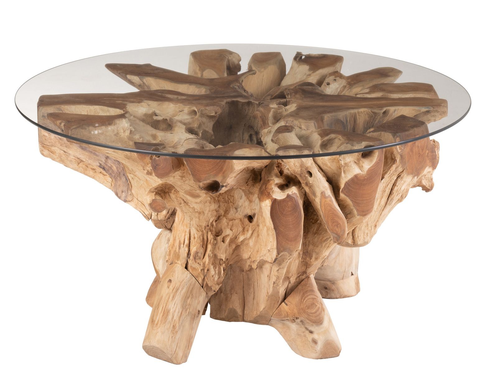 Přírodní coffee stůl z teakového dřeva a skleněnou deskou na kmeni Raoul teak - Ø90*45cm J-Line by Jolipa