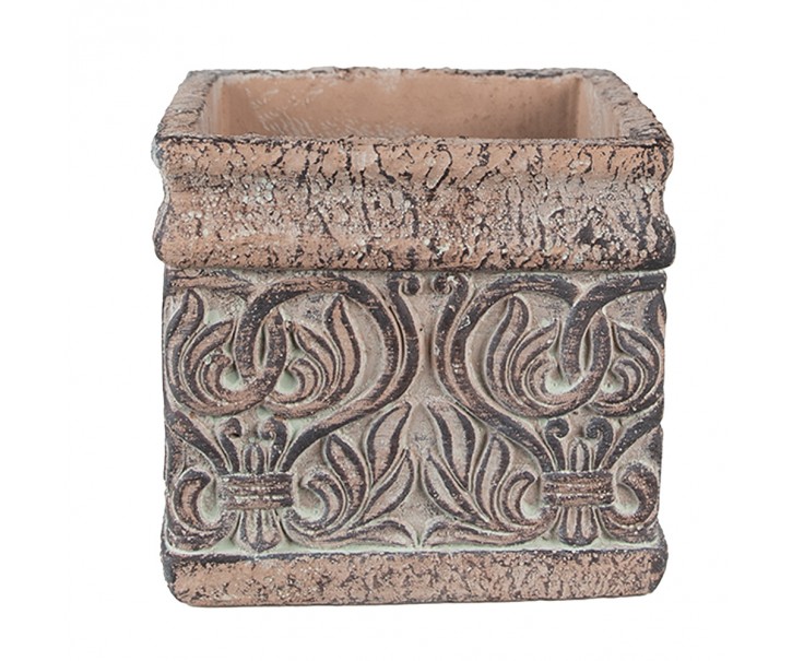 Hnědý antik čtvercový obal na květináč s ornamenty - 13*13*12 cm