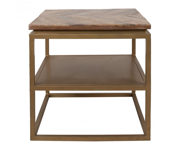 Bronzový antik kovový odkládací stůl s dřevěnou deskou Rama - 51*51*49 cm