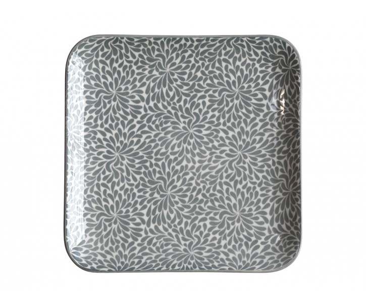 Šedý porcelánový hranatý talíř s ornamenty Arés Grey - 20*20*2cm