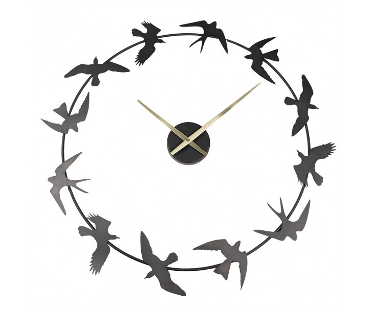 Černé antik nástěnné kovové hodiny s ptáčky - 69*4*66 cm / 1*AA