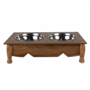 Misky pro zvířata v hnědém antik dřevěném stojanu - 41*22*12 cm / 2*500 ml