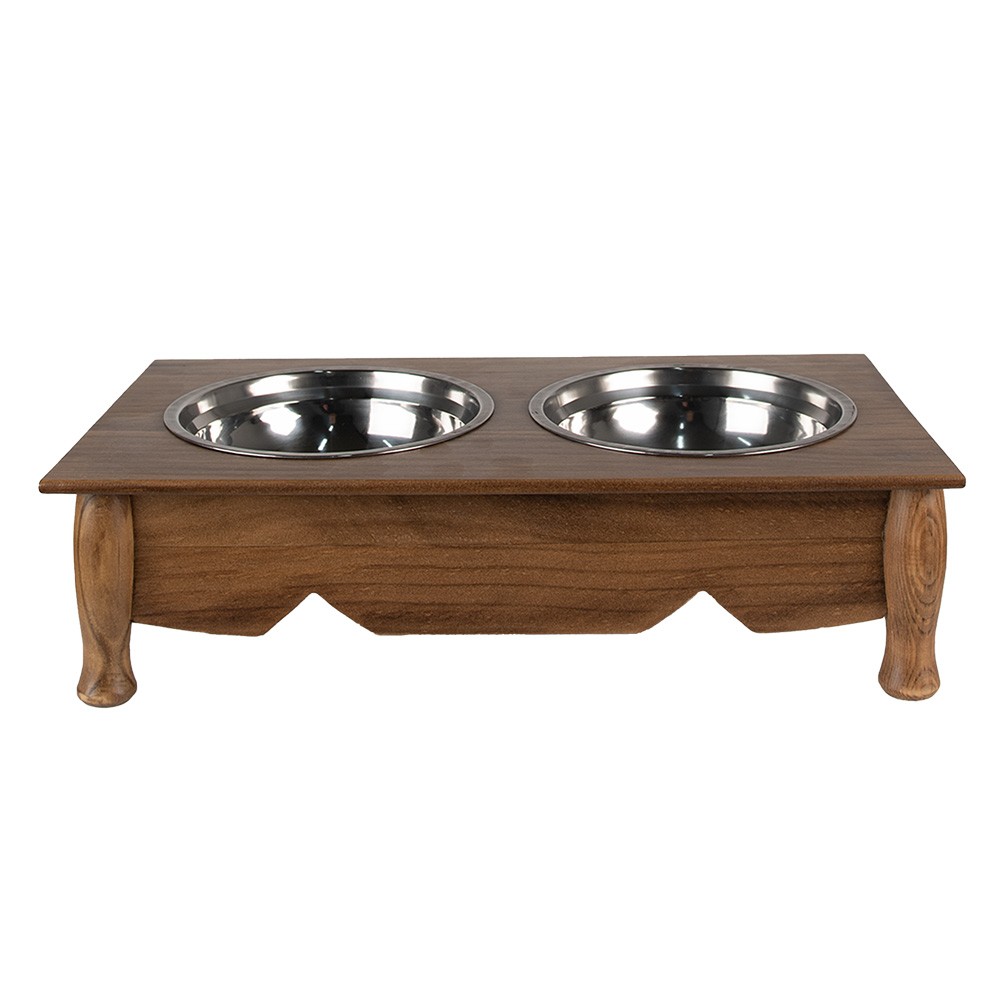 Misky pro zvířata v hnědém antik dřevěném stojanu - 41*22*12 cm / 2*500 ml