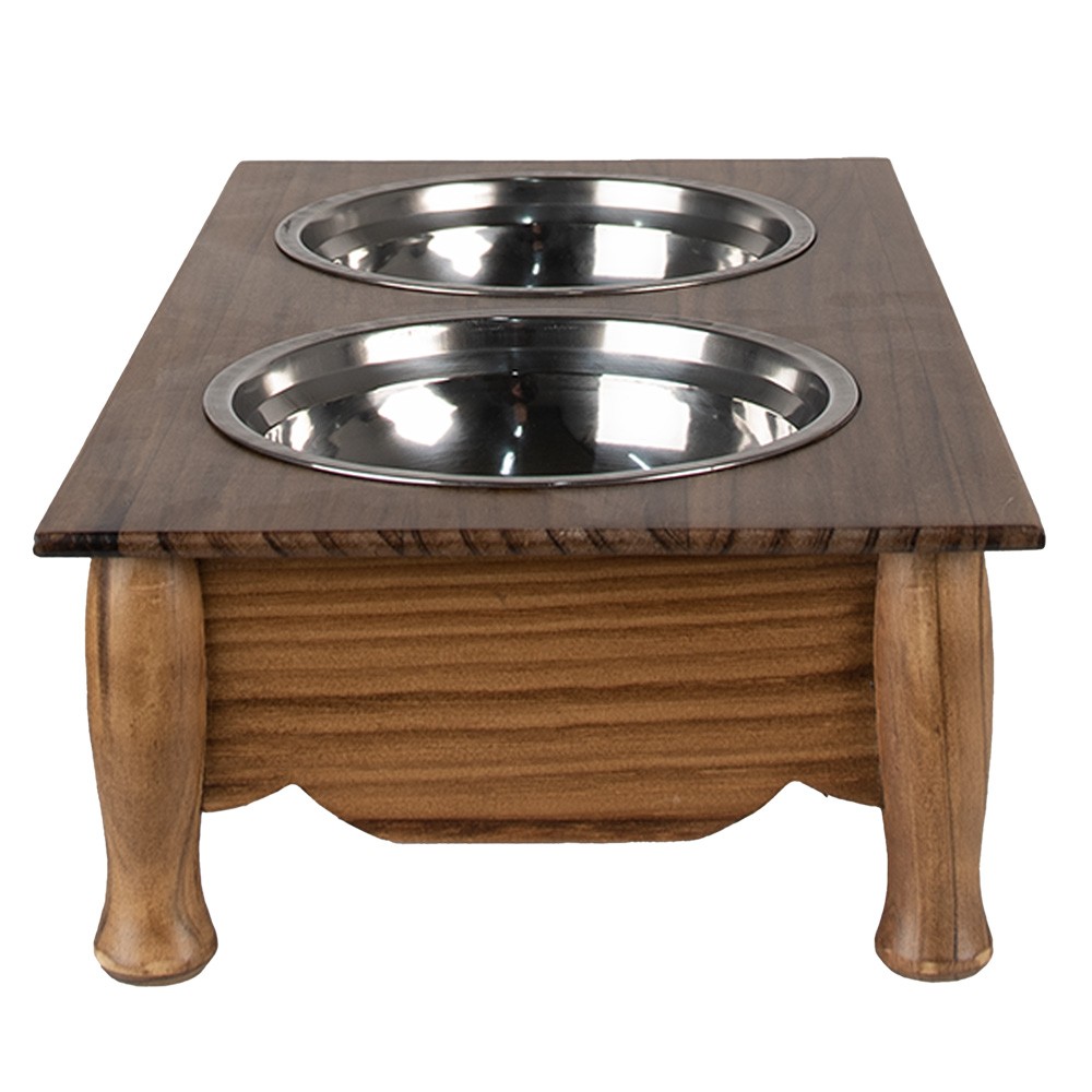 Misky pro zvířata v hnědém antik dřevěném stojanu - 41*22*12 cm / 2*500 ml