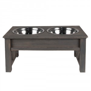 Misky pro zvířata v šedém antik dřevěném stojanu - 40*22*18 cm / 2*500 ml