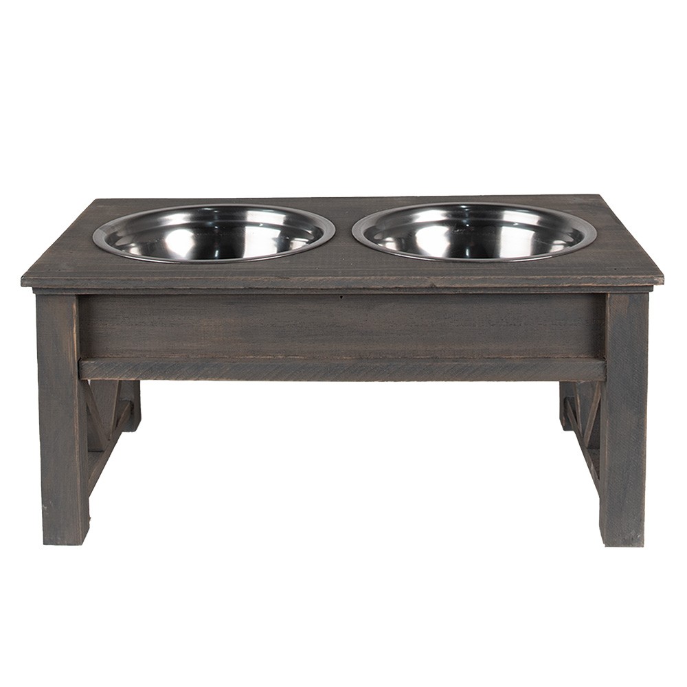 Misky pro zvířata v šedém antik dřevěném stojanu - 40*22*18 cm / 2*500 ml