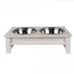 Misky pro zvířata v bílém antik dřevěném stojanu - 40*22*12 cm / 2*500 ml