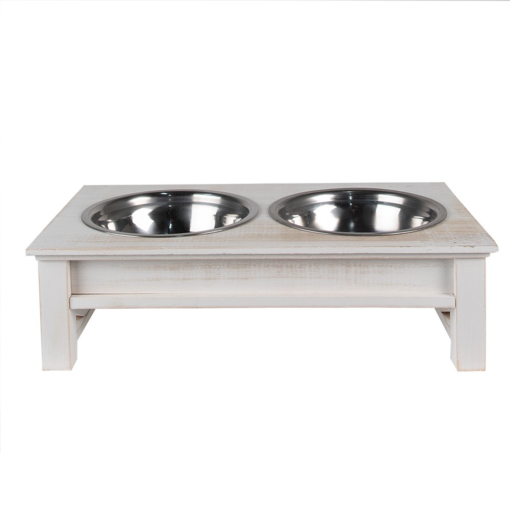 Misky pro zvířata v bílém antik dřevěném stojanu - 40*22*12 cm / 2*500 ml