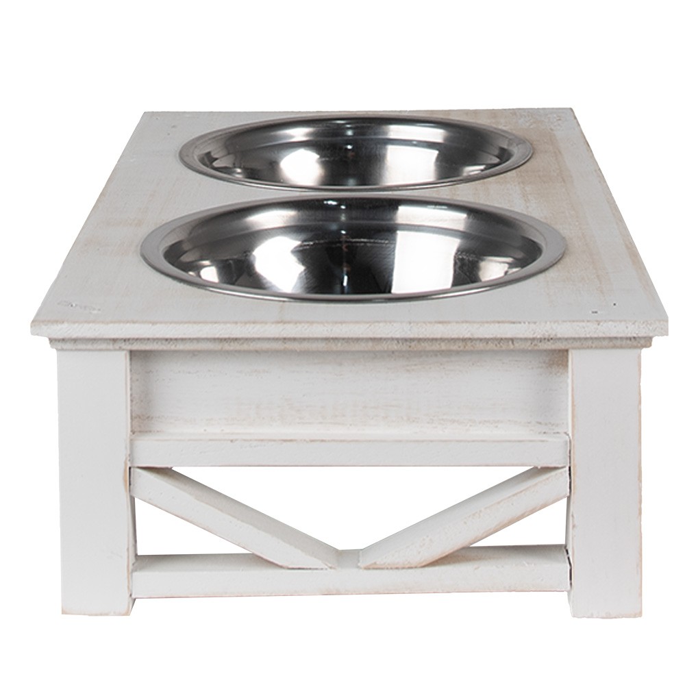 Misky pro zvířata v bílém antik dřevěném stojanu - 40*22*12 cm / 2*500 ml