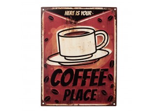 Červená antik nástěnná kovová cedule Coffee Place - 25*1*33 cm