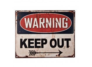 Černobílá antik nástěnná kovová cedule Warning, Keep Out - 25*1*20 cm