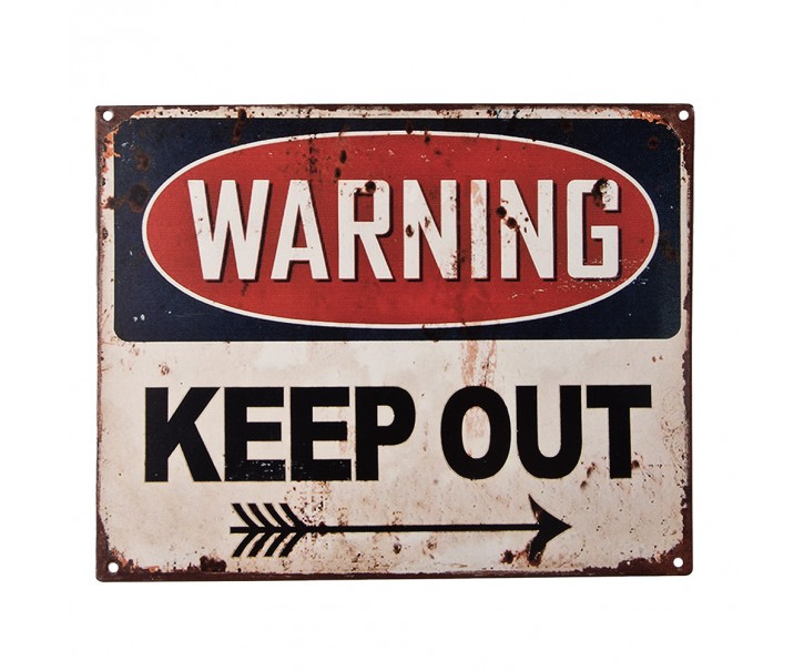 Černobílá antik nástěnná kovová cedule Warning, Keep Out - 25*1*20 cm