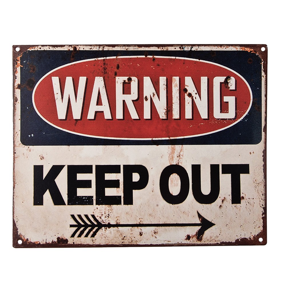 Černobílá antik nástěnná kovová cedule Warning, Keep Out - 25*1*20 cm 6Y5150