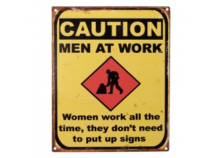 Žlutá antik nástěnná kovová cedule Caution, Men At Work - 20*1*25 cm