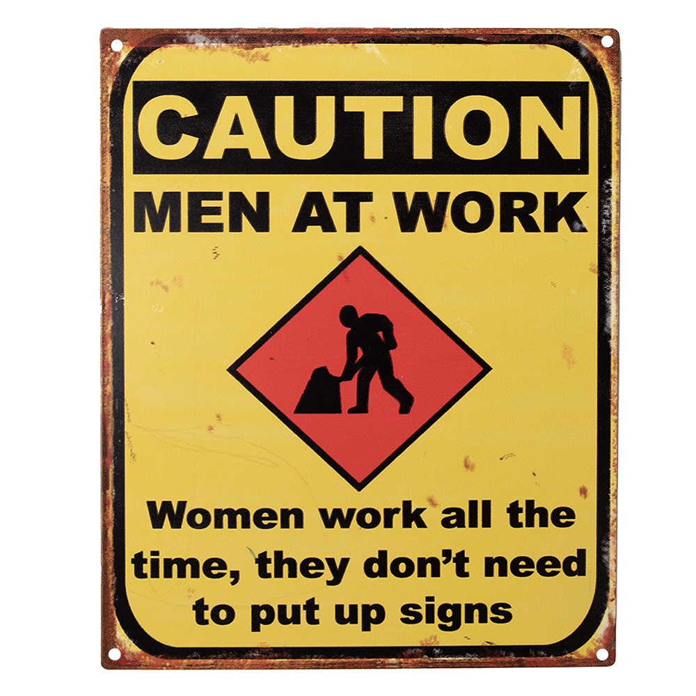 Žlutá antik nástěnná kovová cedule Caution, Men At Work - 20*1*25 cm Clayre & Eef