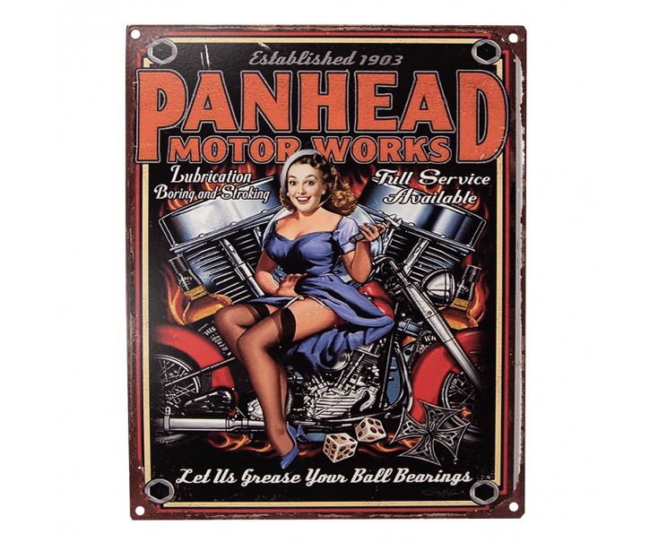 Barevná antik nástěnná kovová cedule Panhead Motor Works- 20*1*25 cm
