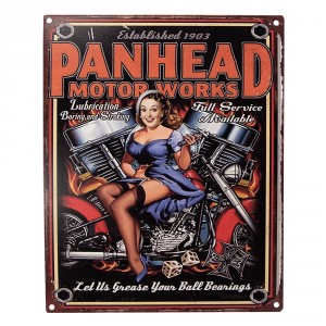 Barevná antik nástěnná kovová cedule Panhead Motor Works- 20*1*25 cm