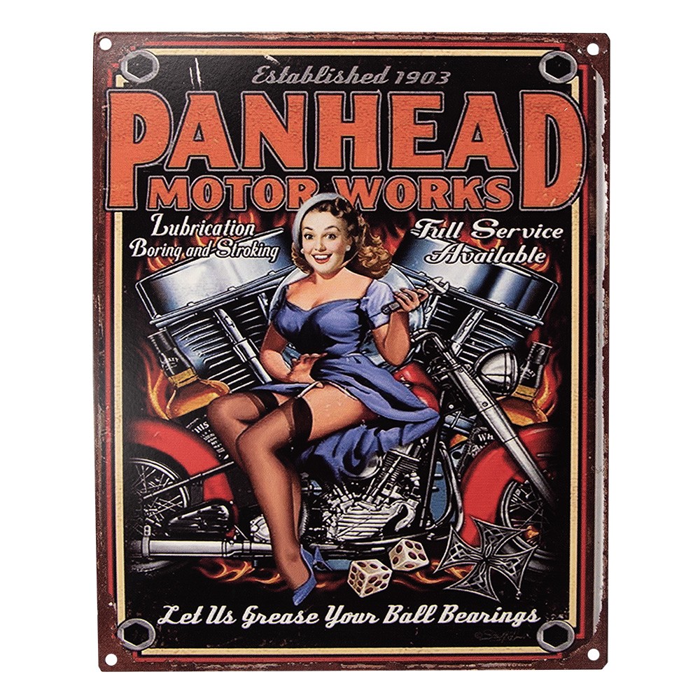 Barevná antik nástěnná kovová cedule Panhead Motor Works- 20*1*25 cm Clayre & Eef