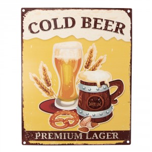 Žlutá antik nástěnná kovová cedule Cold Beer - 20*1*25 cm
