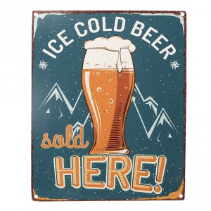 Modrá antik nástěnná kovová cedule Ice Cold Beer, Sold Here - 20*1*25 cm