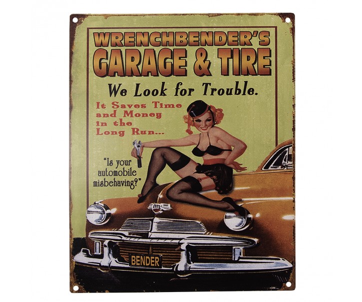 Barevná antik nástěnná kovová cedule Garage & Tire - 20*1*25 cm