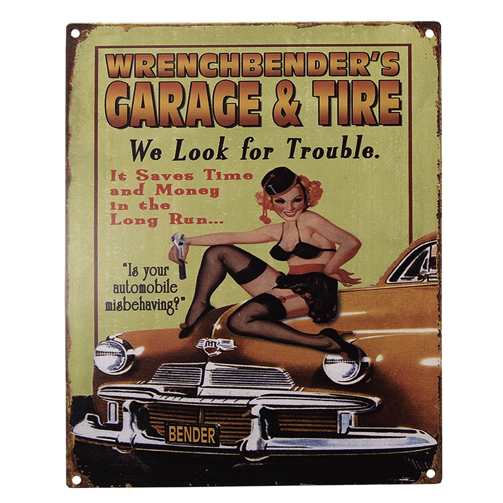 Barevná antik nástěnná kovová cedule Garage & Tire - 20*1*25 cm Clayre & Eef