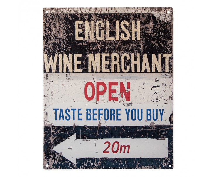 Černobílá antik nástěnná kovová cedule English Wine Merchant - 20*1*25 cm