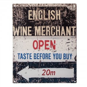 Černobílá antik nástěnná kovová cedule English Wine Merchant - 20*1*25 cm
