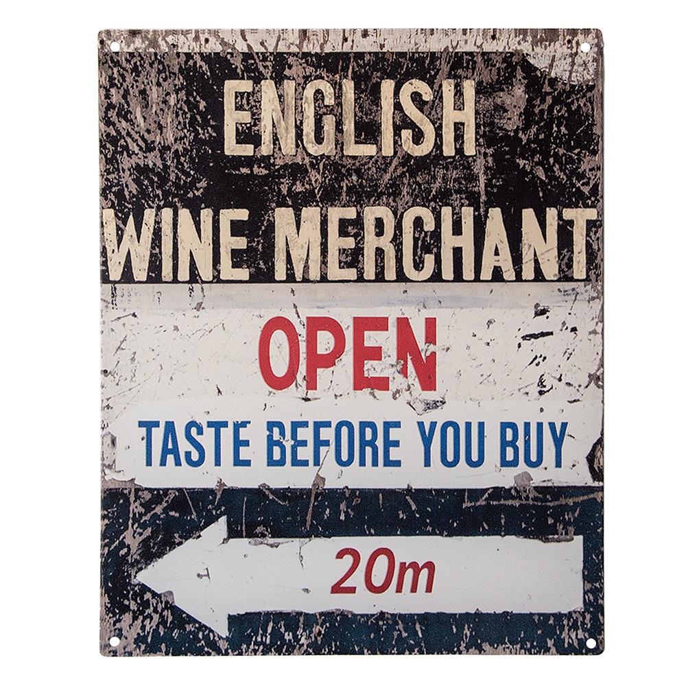 Levně Černobílá antik nástěnná kovová cedule English Wine Merchant - 20*1*25 cm 6Y5184