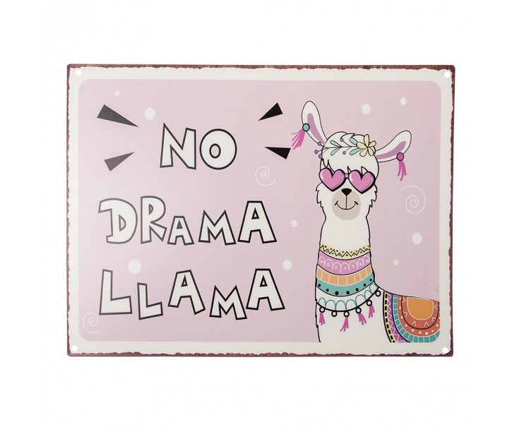 Růžová nástěnná kovová cedule No Drama Llama - 33*1*25 cm