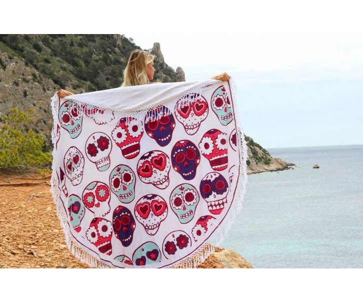 Barevný kulatý plážový bavlněný ručník / osuška s třásněmi Happy Skull - Ø180 cm