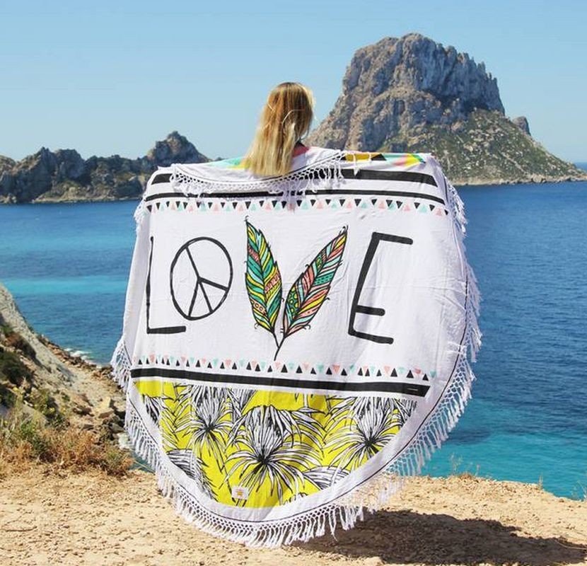 Bílý kulatý plážový bavlněný ručník s třásněmi Love - Ø180 cm Mycha Ibiza new