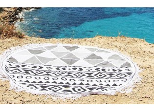 Bílo-černý kulatý plážový bavlněný ručník s třásněmi Aztec - Ø180 cm