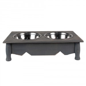Misky pro zvířata v šedém antik dřevěném stojanu - 41*22*12 cm / 2*500 ml