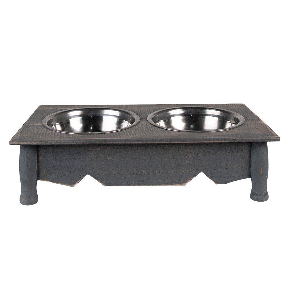 Misky pro zvířata v šedém antik dřevěném stojanu - 41*22*12 cm / 2*500 ml