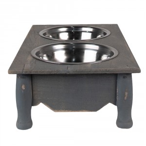 Misky pro zvířata v šedém antik dřevěném stojanu - 41*22*12 cm / 2*500 ml