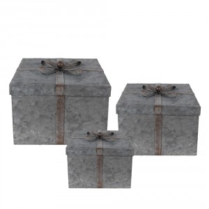 Zinkové antik úložné boxy s víky a mašlemi - 24*24*18 / 20*20*15 / 16*16*12 cm